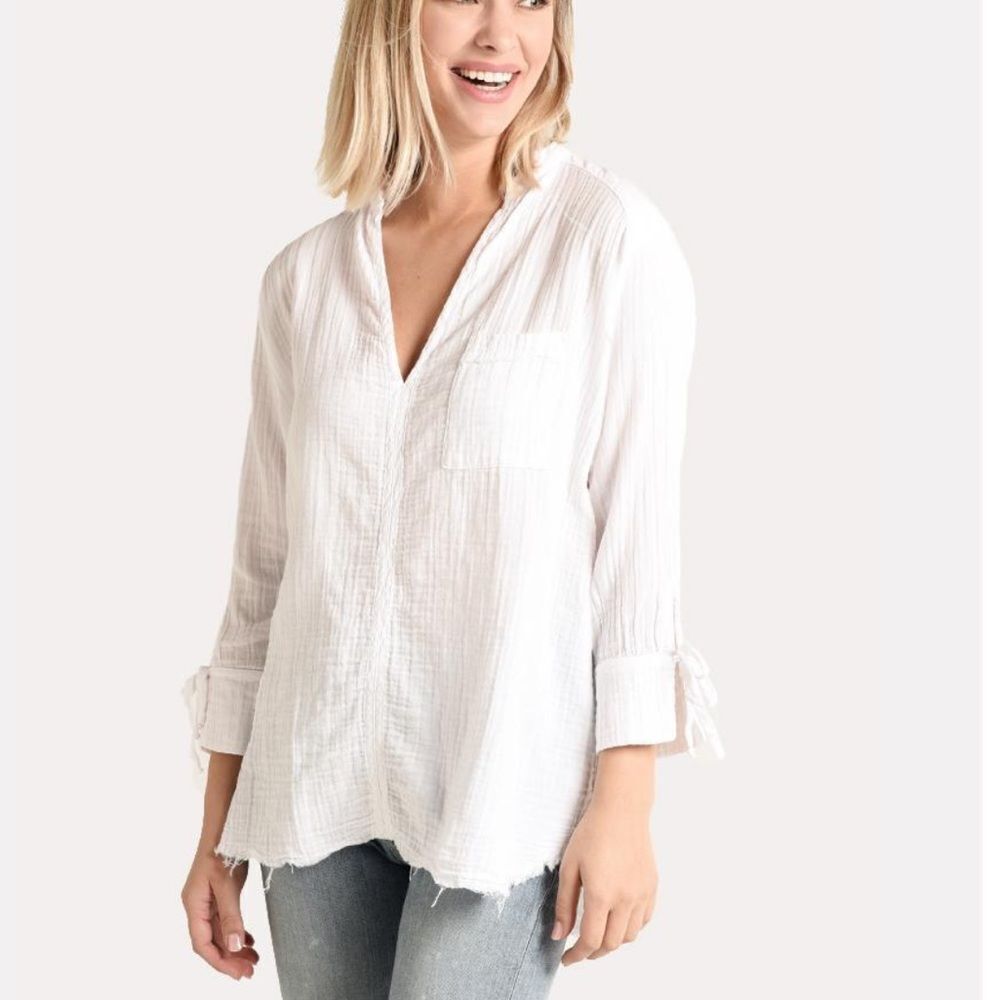 STARK X Pocket Long Sleeve V-neck Cotton Shirt In White Size L